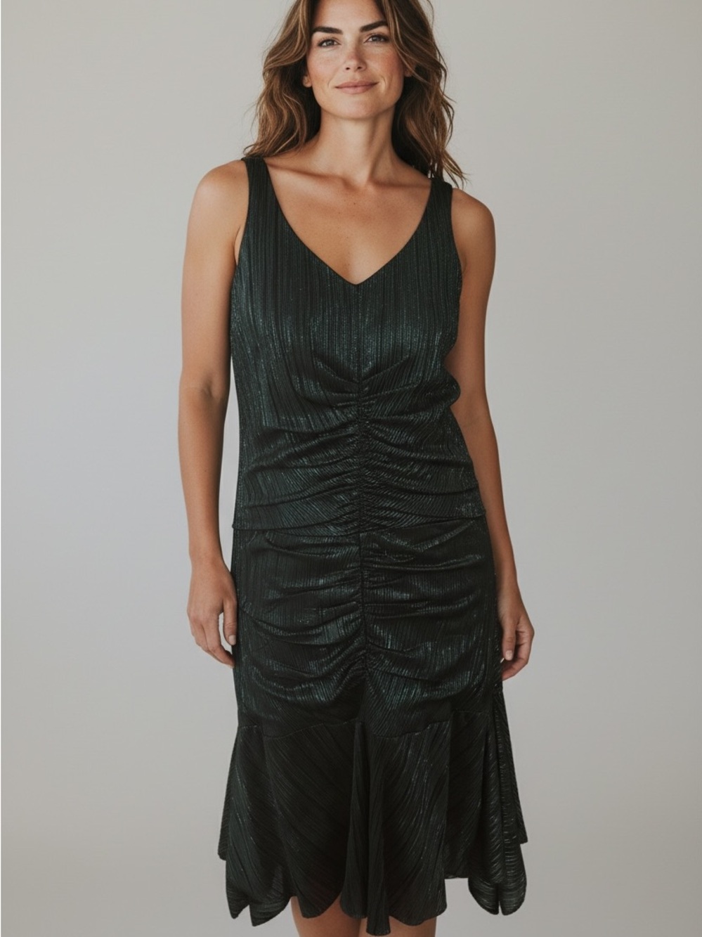 DKNY Metallic Forest Green Ruched V-Neck High-Low Dress